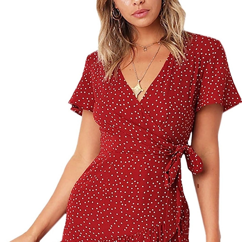 AIMCOO Women's Short Sleeve Wrap Dress Floral Print V Neck Waisted Ruffle Hem